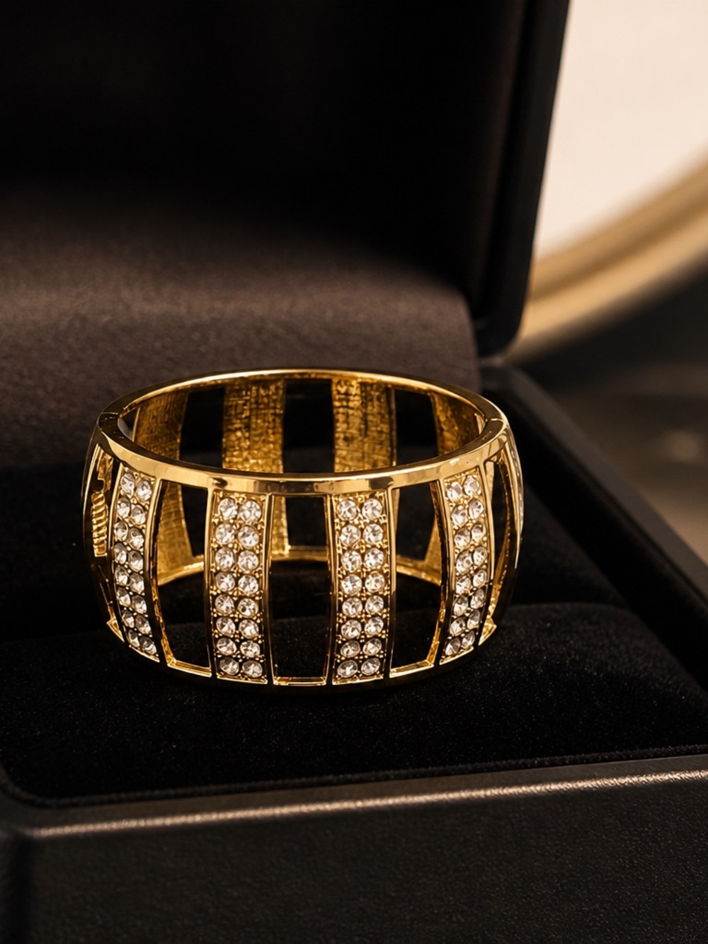 New Gold Cage Rhinestone Cuff Bracelet - Statement Wide Bangle